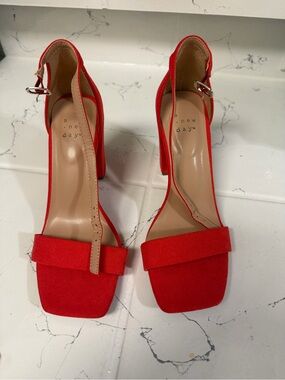 a new day Red Suede Block Heel Sandals with Ankle Strap
